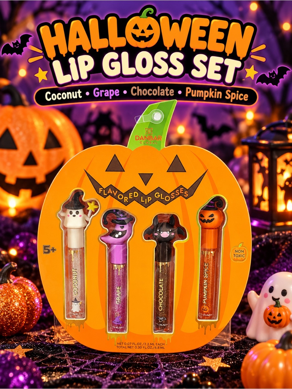 Halloween Pumpkin set of 4 Flavored Lip Gloss